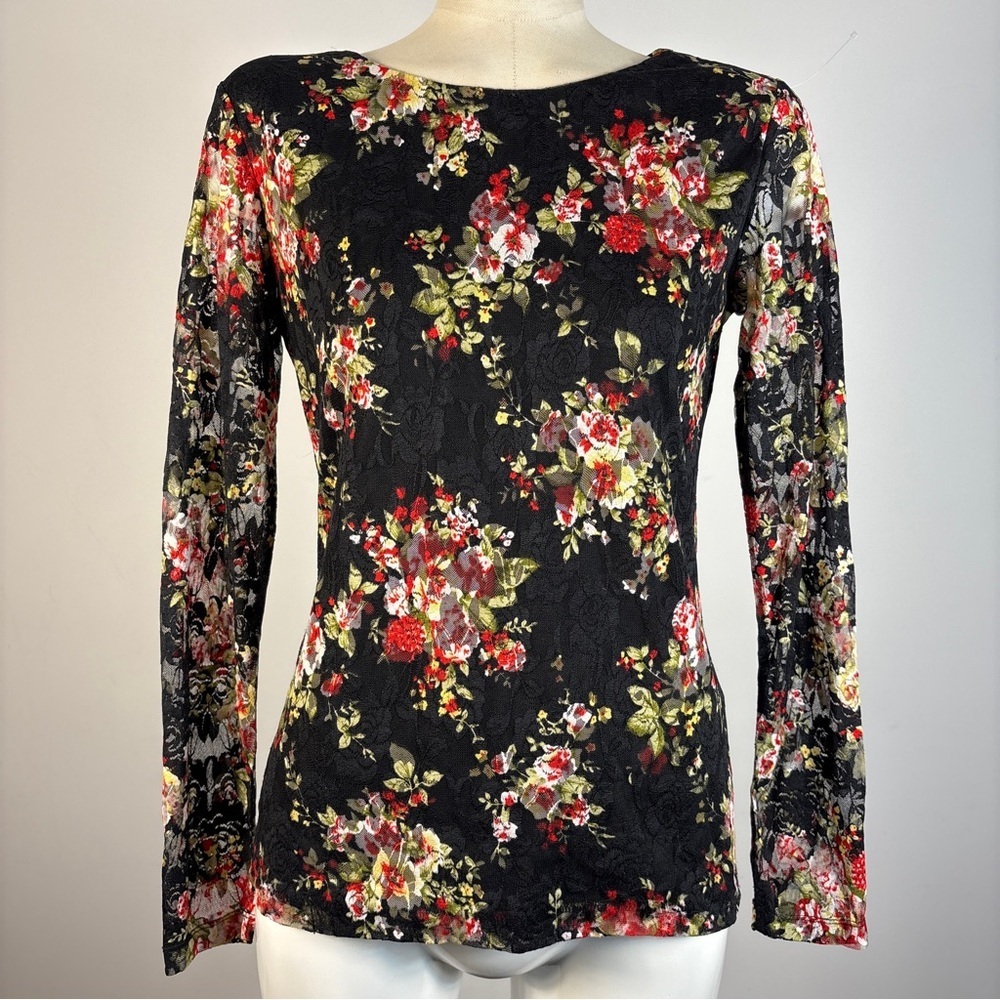 Simons Floral Lace Mesh Long Sleeve Top - Black & Red Rose Print M